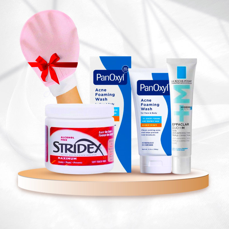 مجموعة علاج حب الشباب – غسول 10 PanOxyl + كريم Effaclar Duo + مسحات Stridex + هدية الليفة الكورية