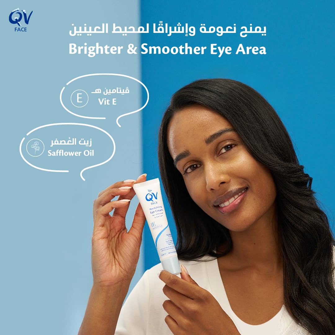 Woman holding QV Face cream with product details on a blue background