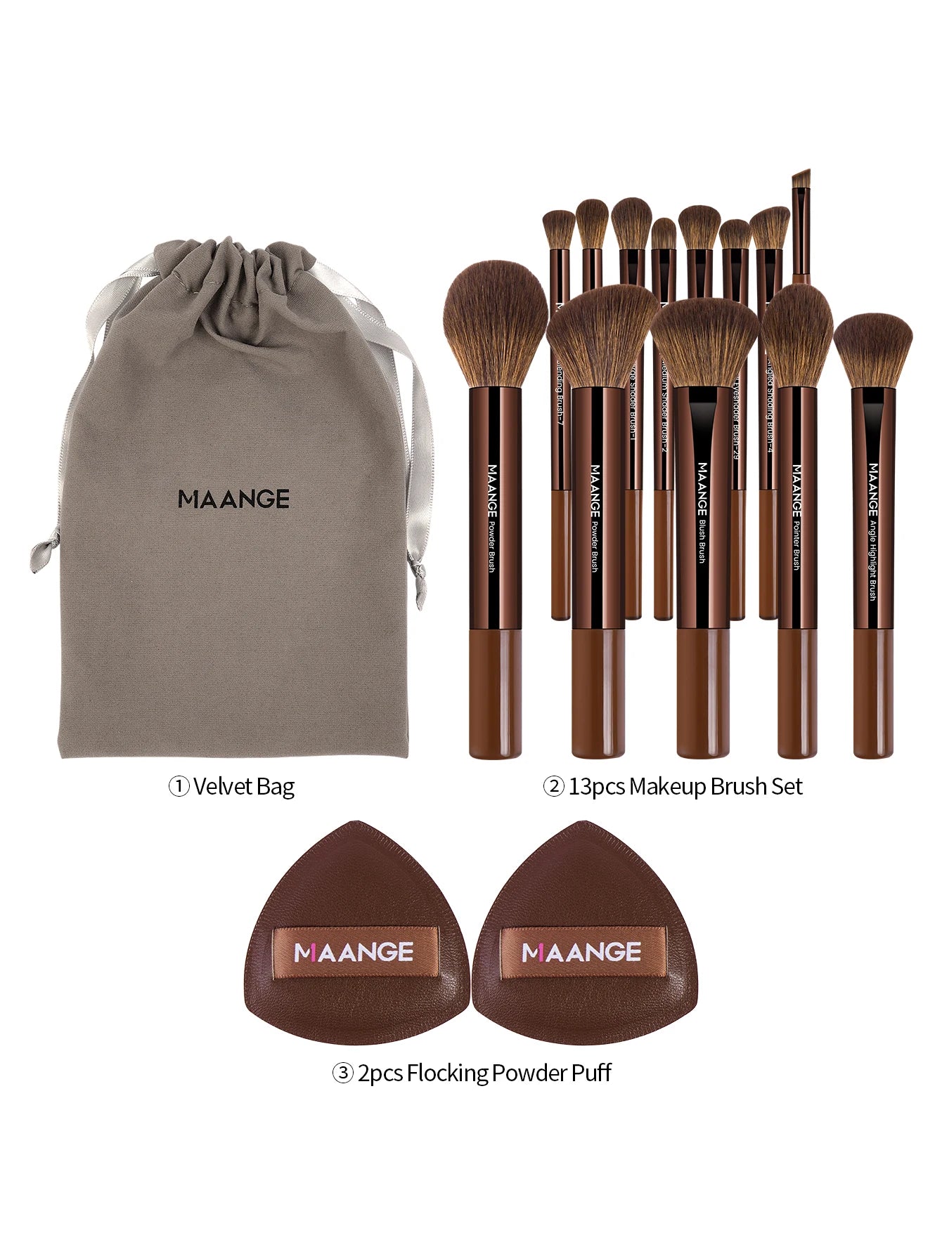 MAANGE VelvetFinish 15pcs Makeup Brush Set with Beauty Sponges