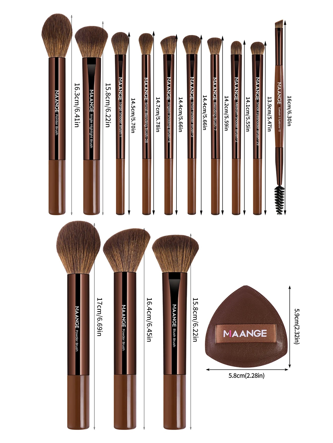 MAANGE VelvetFinish 15pcs Makeup Brush Set with Beauty Sponges