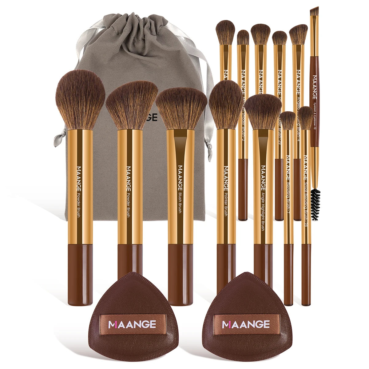MAANGE VelvetFinish 15pcs Makeup Brush Set with Beauty Sponges