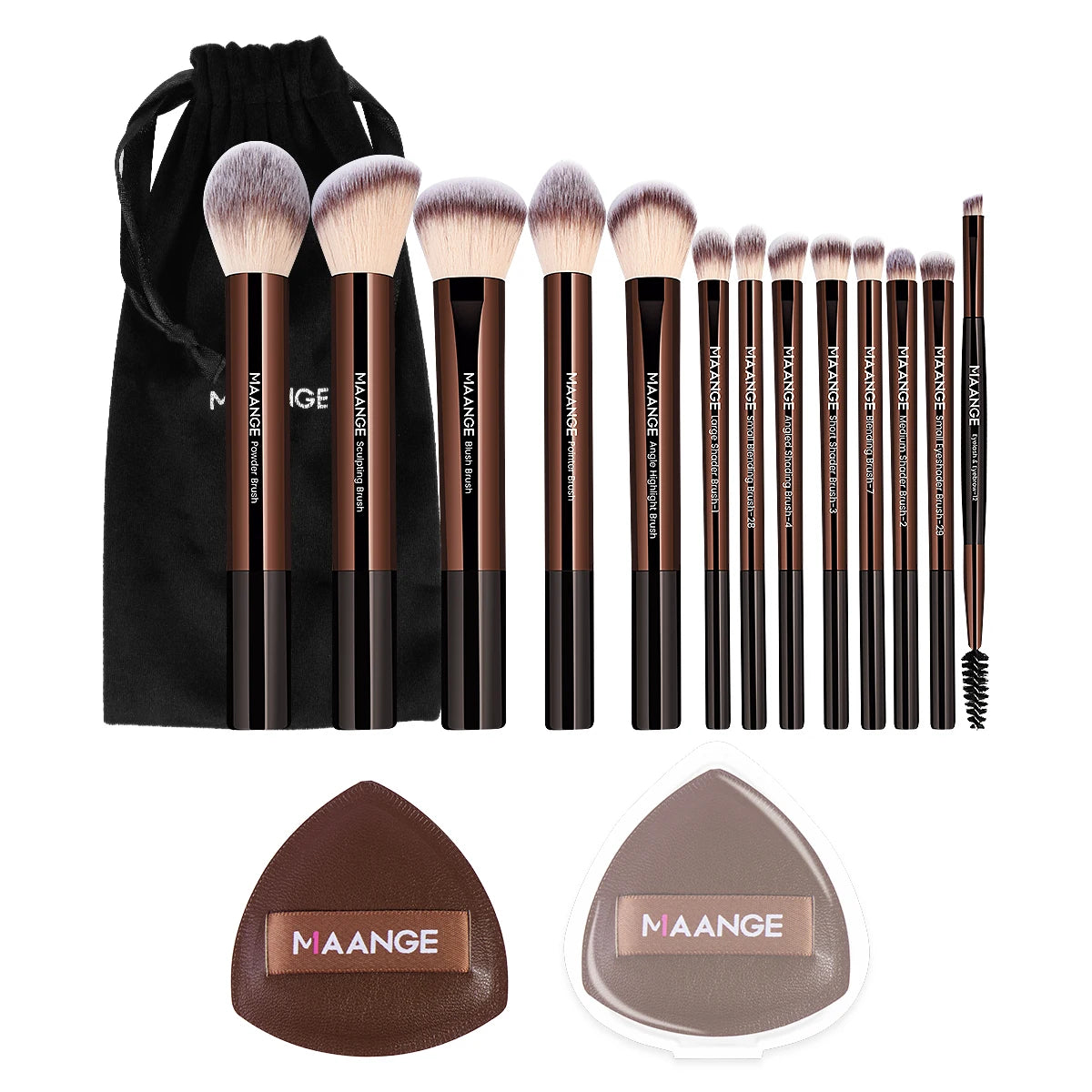 MAANGE VelvetFinish 15pcs Makeup Brush Set with Beauty Sponges