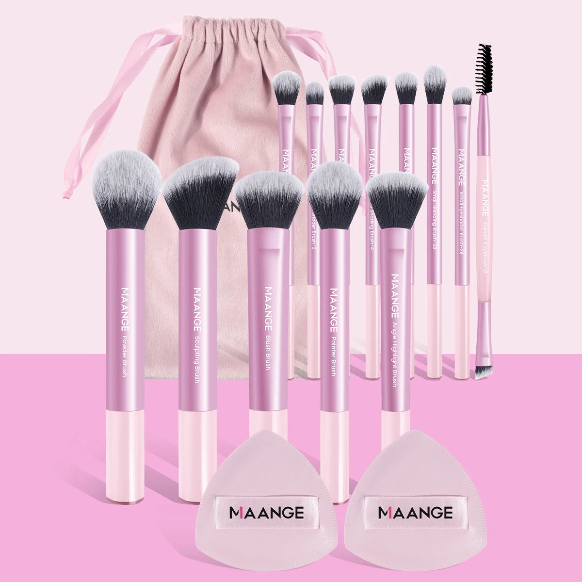 MAANGE VelvetFinish 15pcs Makeup Brush Set with Beauty Sponges