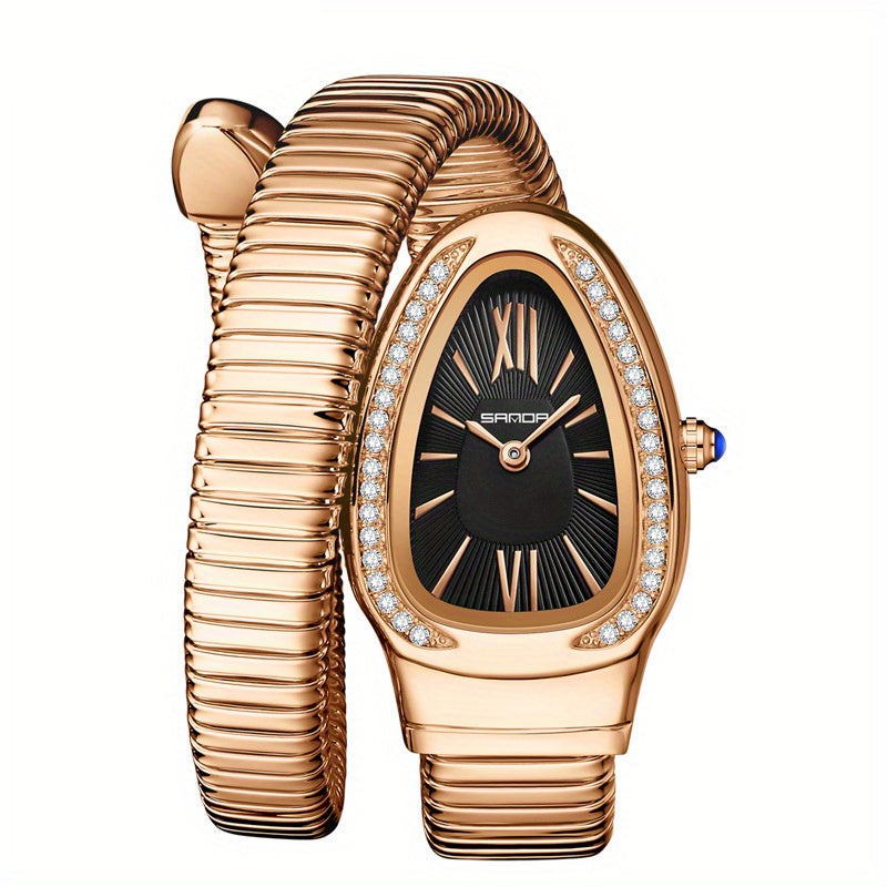 Rose gold watch with decorative band on a white background