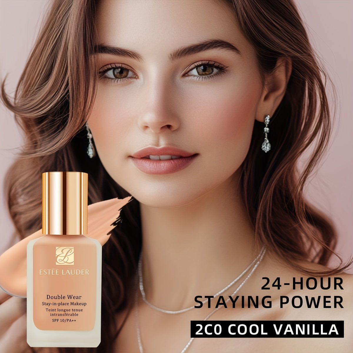 Estée Lauder makeup product with a model holding it, on a soft pink background.