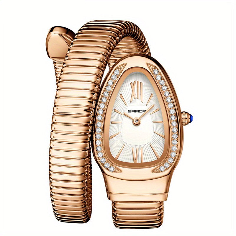 Gold watch with ribbed design on a white background, featuring the brand 'SANDA'.