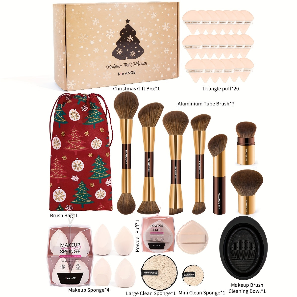 MAANGE Pro Beauty Essentials – 7pc Brush Set + 25 Sponges + Remover Pads + Cleaning Bowl