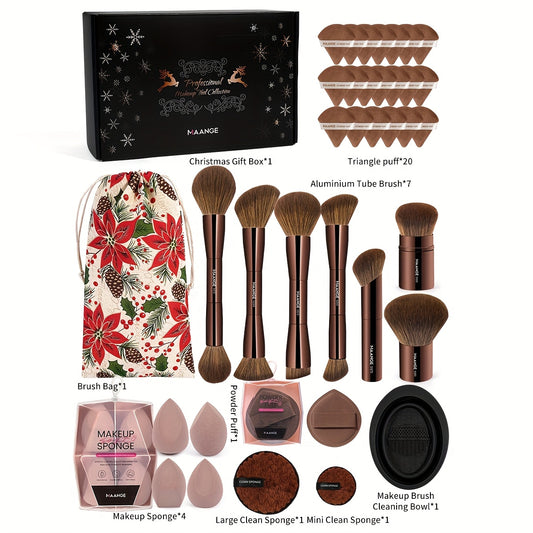 MAANGE Pro Beauty Essentials – 7pc Brush Set + 25 Sponges + Remover Pads + Cleaning Bowl