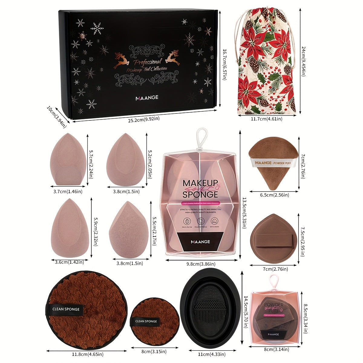 MAANGE Pro Beauty Essentials – 7pc Brush Set + 25 Sponges + Remover Pads + Cleaning Bowl