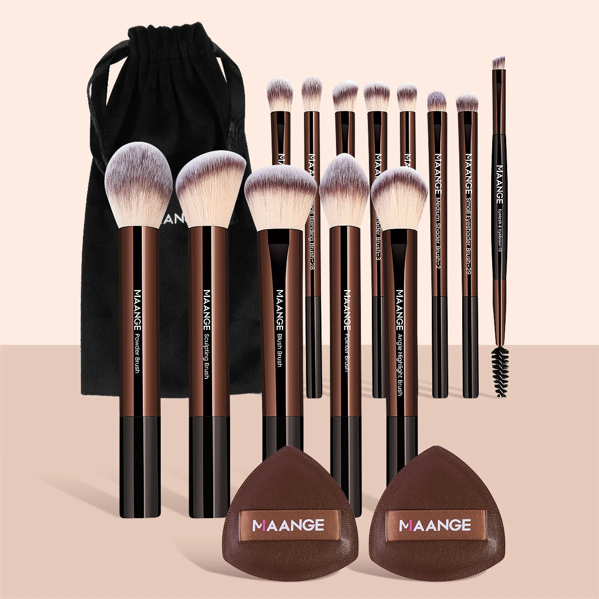 MAANGE VelvetFinish 15pcs Makeup Brush Set with Beauty Sponges