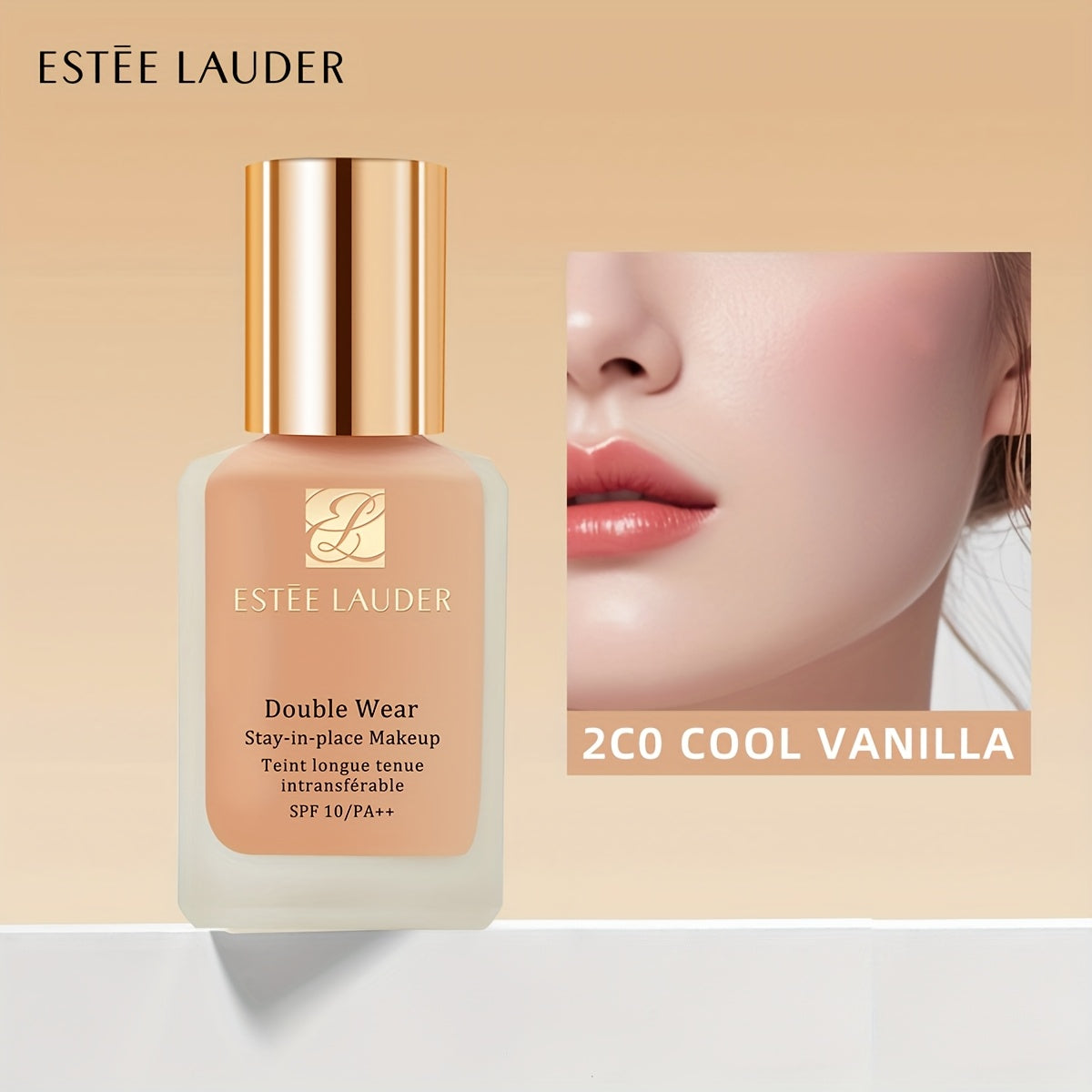 Estée Lauder makeup bottle with a close-up of a woman's face on a beige background