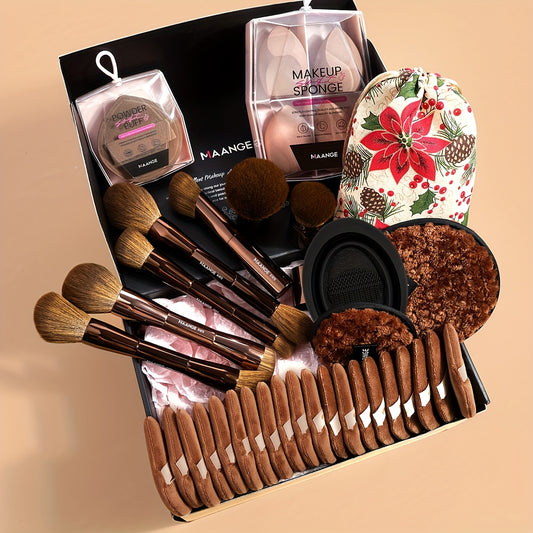 MAANGE Pro Beauty Essentials – 7pc Brush Set + 25 Sponges + Remover Pads + Cleaning Bowl