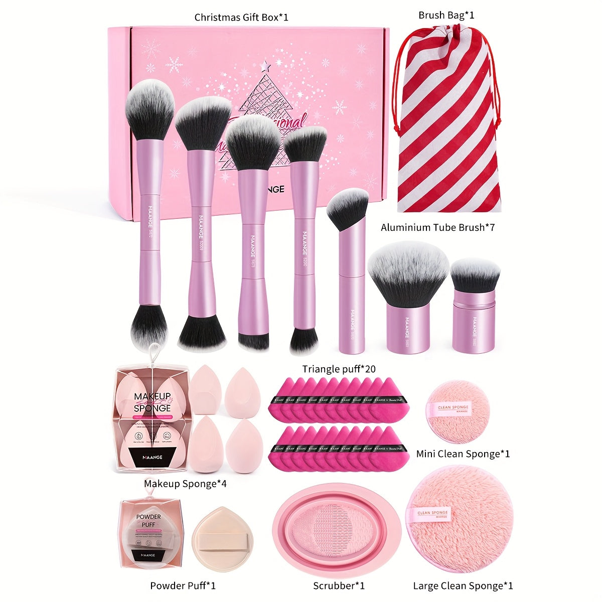 MAANGE Pro Beauty Essentials – 7pc Brush Set + 25 Sponges + Remover Pads + Cleaning Bowl
